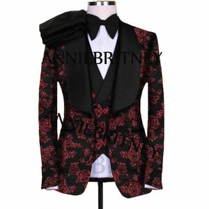 2022 Slim Fit Luxury Red Jacquard Suits Men For Wedding Party Black Shawl Lapel 3 Piece Ropa Hombre Formal Prom Evening Tuxudo J8ZB#