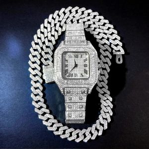 13mm Rhinestone Jewelry Chainwatch Men Hip Hop Rapper Cuban Chains Gold Color Iced Out Paled Miami Curb Necklace For Women set 240315