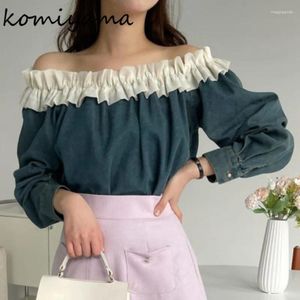 Frauen Blusen Plissee Rüschen Patchwork Shirts Off Schulter Langarm Blusas Mujer Denim Camisas Feminino Sexy Ropa Frühling Tops