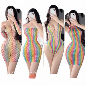 sexy Lingerie Mesh Clothes Lace Colorful Fishnet Socks Hollow Bodysuit Porn Underwear Women Body Bodystockings Sissy Nightwear 27Py#