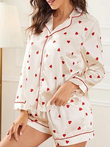 Home Clothing Women Heart Print Pajama Set Sweet Long Sleeve Button Closure Lapel Shirt With Shorts Valentine's Day Sleepwear Loungewear