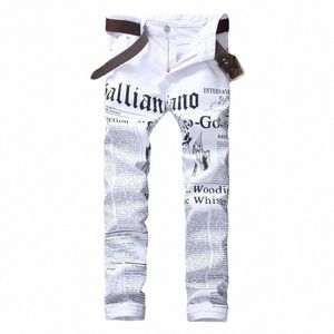 stampa Jeans strappati casual dritti Jeans Denim Bianco Giornale Pantaloni bianchi nuovi da uomo di grandi dimensioni N1u1 #