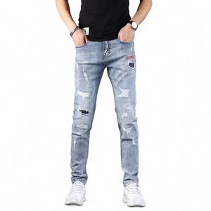 summer Men's Light Blue Patches Ripped Jeans Fi Printed Slim Fit Pencil Pants Streetwear Casual Hole Denim Trousers k01Z#