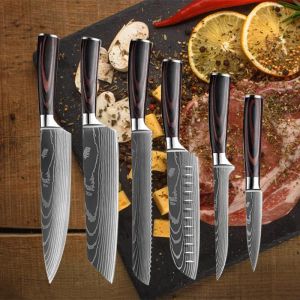 Knives 110pcs Japanese Knife Set 7CR17440C Laser Damascus Kitchen Knives Meat Cleaver Chef Knife Sharp Fish Slicing Knife Bread Knives