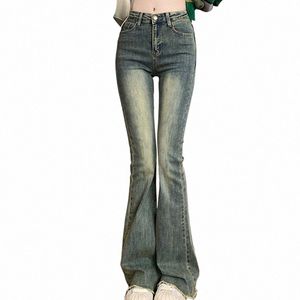 y2k elastisk hög midja mager jeans kvinnor vintage ons råa kant flare byxor kvinnliga koreanska fi streetwear denim byxor k9xi#