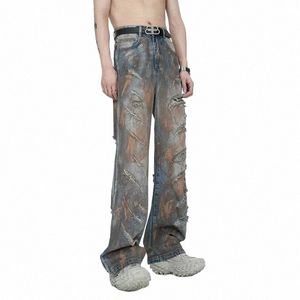 fewq American Style Men Jeans Autumn Trend Streetwear Niche Men Torn Holes Painted Old Pants 2023 Male Trouser 24X2108 n7Ti#