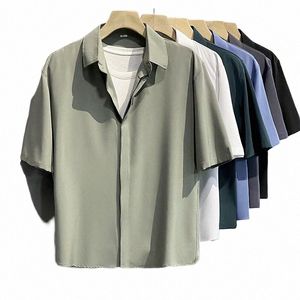 sommar coola män kortärmad skjorta anti-rynka fast färg fi office casual lös rumpa ficka skjorta manliga kläder topp d10v#
