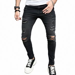 Мужские джинсы скинни, повседневные тонкие байкерские джинсы, джинсовые джинсы до колен с кисточками, рваные брюки в стиле хип-хоп, Wed Fial 20B08 I8NK #