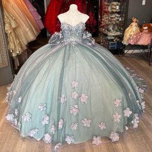 Light Green Quinceanera Dresses 3D Flowers Floral Lace Beads Tull Ball Gown Off The Shoulder Corset Vestidos 15 De XV Anos