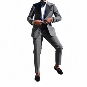 Grå brudgum Wear Men Suits Costum Made Wedding Slim Fit Blazer 2 PCS Jacka Pant Black Blazer Set Tuxedo Terno Masculino Prom B7nf#