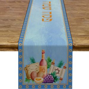 Passover Linen Table Runner Pesach Seder Matzoh Red Wine Star of David Je Holiday Party Dinning Decoration 240325