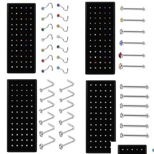 Näsringar studs 60 st boxed l-form studset med kristallkropp piercing pistol kit falsk ring rostfritt stål nål hoop pack juvelr dho7z