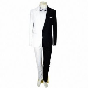 Männer Unregelmäßige Smoking Schwarz Weiß Spleißen Anzüge Männlichen Compere Sänger Tänzer Bühne Blazer Hosen Set Hochzeit Party 2 Stück Outfit h226 #