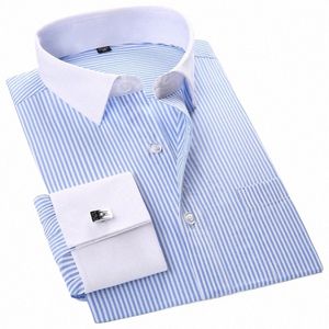 Camicia da uomo Busin Ctrast Colletto alla francese Polsino Dr Camicie Tasca singola applicata Regular-fit Manica Lg Camicia per feste di nozze sociali A9mM #