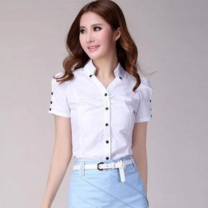 Skjortor kvinnors skjorta kort ärm vit toppar kontor lady blus för kvinnor knapp slim toppkläder blues y camisas 240328