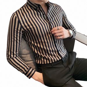 2023 Spring Shirts Men Dr Vertical Stripe Shirts Slim Men Casual Lg Sleeve Shirt Male Chemise Homme Tuxedo Shirt d2Fi#