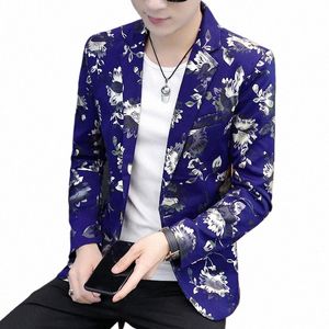 hoo 2024 Men's Autumn Persalized Casual Floral Suit Teen Trend Printed Fi Tailored blazer men 59HK#