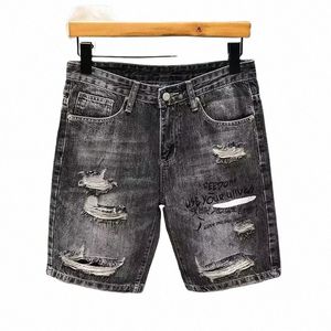 summer Men's Distred Denim Capris Shorts Casual Hole Letter Printing Loose Jeans Shorts T3YY#