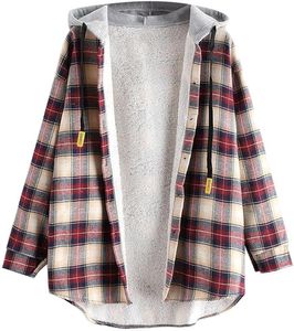 Zaful Women 's Plaid Fleece Lined Hooded Jacket Button Up 대형 퍼지 코트 체크 무늬 플란넬 까마귀 재킷