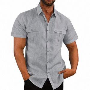 2023 Мужские рубашки с короткими рукавами, летние однотонные рубашки с воротником-стойкой, повседневные пляжные рубашки больших размеров, мужские льняные рубашки M-5XL D4P0 #