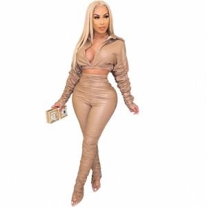 sexy PU Faux Leather Two Piece Set for Women Birthday Night Club Outfits Crop Top and Slit Stacked Pants Matching Sets Undefined e2jG#