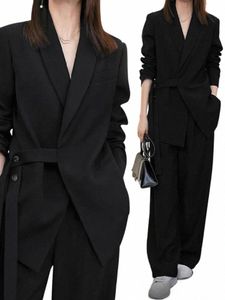 Office Lady Blazer Belt Pantalone Tailleur pantalone da donna Coreano Versi Dentellato Pantaloni larghi Autunno Elegante Euality Chic Donna Outfit J8Bx #