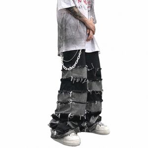 Мужские негабаритные винтажные лоскутные брюки в стиле хип-хоп с широкими штанинами, мешковатые рваные джинсы Y2K, гранж для мужчин, уличная одежда x8e6#
