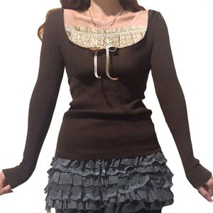 Женские футболки, женские трикотажные топы с длинными рукавами, кружевная строчка, трикотажная одежда с вырезом, футболка с украшением в виде банта, облегающий повседневный пуловер