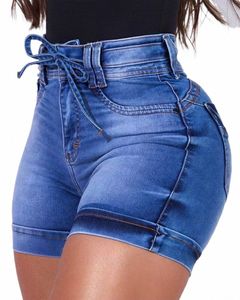 Hög midja bunden detalj denimshorts 2023 Kvinnor Lace Up Package Hip Short Jeans Byxor DrawString Slim Fit Casual Pencil Shorts C8O1#
