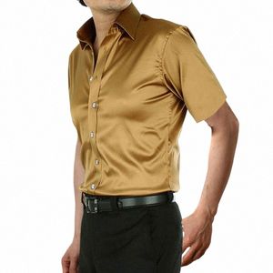 Stylowa złota jedwabna satynowa koszula mężczyzna Chemise Homme 2019 swobodny krótki rękaw Slim Fit Mens Dr koszulki Busin Camisa Masculina Q8pZ#