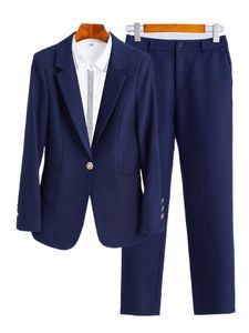 women Blue Navy Black Formal Blazer Pant Suit Female Solid Jacket and Trouser 2 Piece Set For Office Ladies Winter Work Wear M7tA#