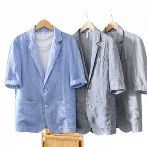 L997 100% LINEN Premium Blazer Summer Fi Men's Half Sleeve Solid Color Multi Pocket Casual Loose Coats Breattable Mysiga toppar W09N#