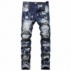 Wiosna nowe dżinsy z poszarpanym sznurkiem Fi Slim Blue Pants 2022 Hip Hop Motorcycle Style żebrakowe spodnie Casual Streetwear E40E#