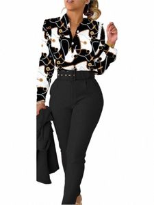 Casual LG Sleeve Shirt Pants Set Office Lady Fi Elegant V Neck Floral Print Trousers Two Piece Set Women Outfit 2023 New G9VH#