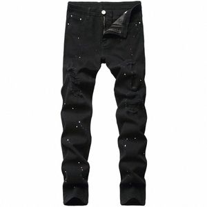 Erkekler siyah streç denim kot pantolon yırtık pantolon klasik ince düz pantolonlar v9pc#