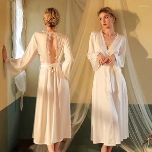 Startseite Kleidung Spitze rückenfrei Bademantel Kleid Braut Hochzeit Langarm Nachtwäsche Frauen Kimono Robe Party Kleid tragen Nachthemd Loungewear