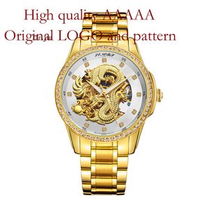 Novo dragão de ouro 3D Golden Totalmente Automático Mechanical Double Hollow Men's Waterspert Watch 6