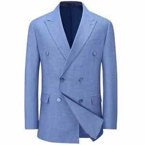 Fi Peak Lapel Двубортный мужской пиджак Синий Высококачественное пальто Повседневный деловой повседневный свадебный костюм Slim Fit Jacket 2024 R36O #