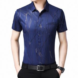 summer Short Sleeve Shirts Men's Silk Fi Print Dr Shirts Tops Slim Fit Casual Men Clothing i9m1#