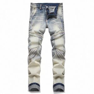 Nya män rippade jeansbyxor som skarvar denimbyxor Biker Högkvalitativ manlig rak Slim Casual Multi-Pocket Coment V3CQ#