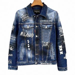 men's denim jacket starbags dsq1918 punk hole torn paint, spled ink, heavily wed, split, slim fit fiable rock jacket 25Yi#
