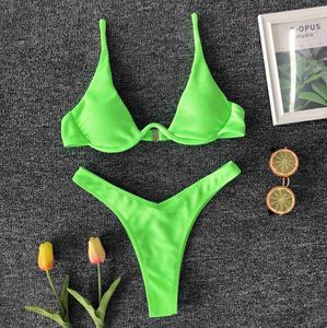 Women's Swimwear Neon Grn Sexy Underwire Bikini Set 2024 Women Solid Leopard Push Up Micro Swimsuit Summer Bathing Suit Thong Swimwear Biquini T240328