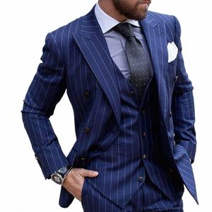 Blazer masculino ternos listra azul duplo breasted pico lapela elegante formal ocn comprimento regular hombre jaqueta calças colete ajuste r5Pq #