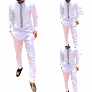 nuovo Diki uomo Fi bianco stampato camicia a maniche lunghe e pantaloni set da 2 pezzi elegante generoso banchetto di nozze abito da uomo T8ty #