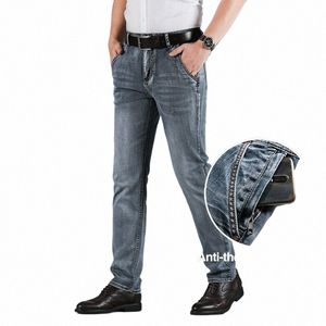 2023 outono novo estilo clássico azul-cinza jeans finos anti-roubo zíper cott elástico regular ajuste calças jeans masculinas calças de marca r1Lj #