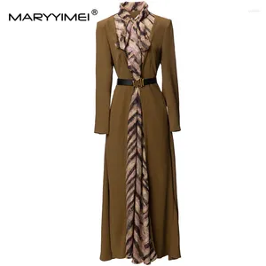 Casual Dresses MARYYIMEI Fashion Women's Scarf Collar Vintage Printed Patchwork Single-Breasted Long-Sleeved Belt High-Waisted MIDI Dress