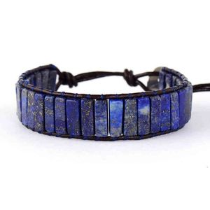 Boguń Designer Jewelry High End Tube Lapis Lazuli pojedyncze skórzane opakowanie S Vintage Tkaing Brede Mankiet Bransoletka Bijoux Dropshi292m