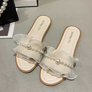 Slippers Chain bead slider in shoelaces smooth block womens platform fashionable 2024 summer luxury rubber PU cotton fabric Ca H240328CCFZ