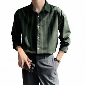 2023 New Spring and Autumn High Grade Dark Green Striped Shirts for Men Lg Sleeve Loose Busin Casual Men Dr Shirt x8nZ#