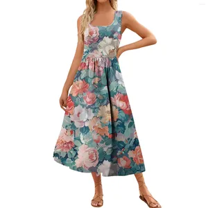 Vestidos casuais mulheres 2024 verão maxi vestido floral impressão sem mangas pescoço quadrado flowy longo praia elegante tanque sundresses bolsos